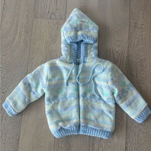 Vintage Reversible Blue/Penguins Sweater Knit With Hood Zip Up 18 Months
